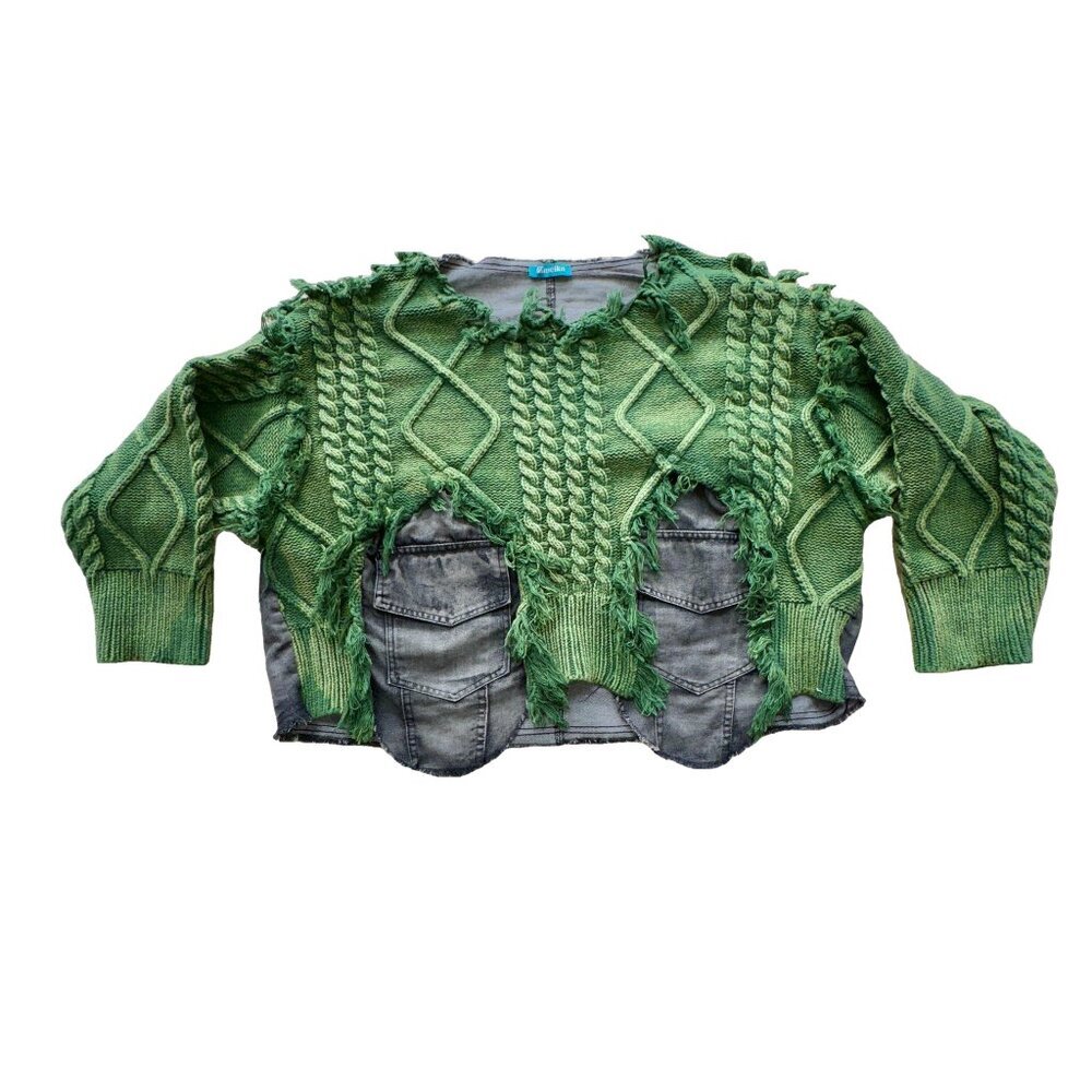 Upcycled Green Knit & Denim Destroyed Sweater – Statement Piece NWT - Picture 10 of 16